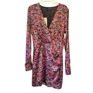 Zara Floral Print Multicolor Satin Ruched Long Sleeve Mini Dress Size Small NWT